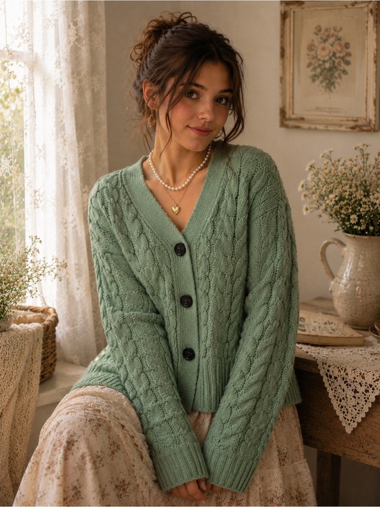 Daphnea Paris Sweaters - 🧚‍♀️💚 DAPHNEA PARIS Cable Knit Cardigan Sage Green M/L